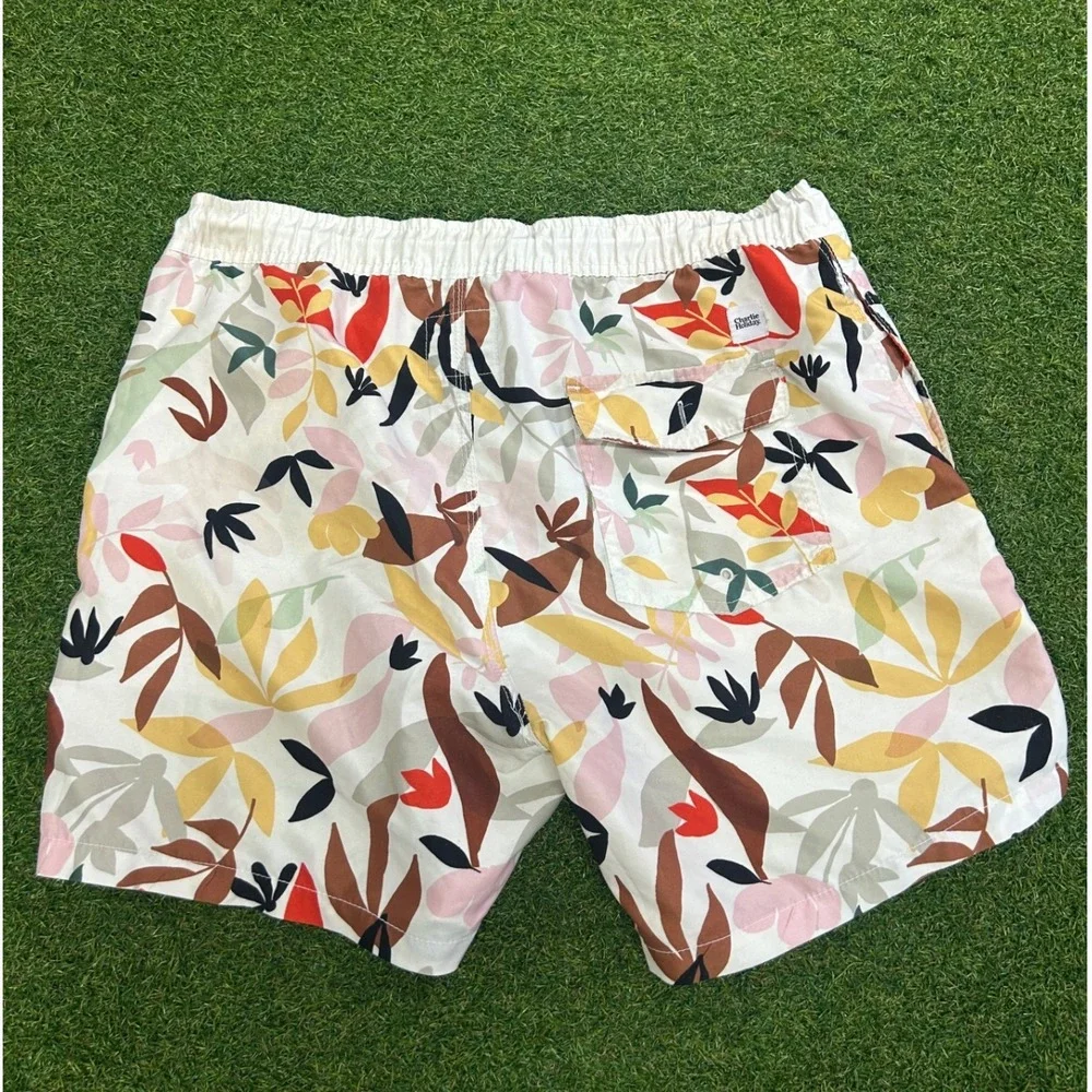 Charlie Holiday Mens Abstract Botanical Leaf Print Swim Shorts White Size 36